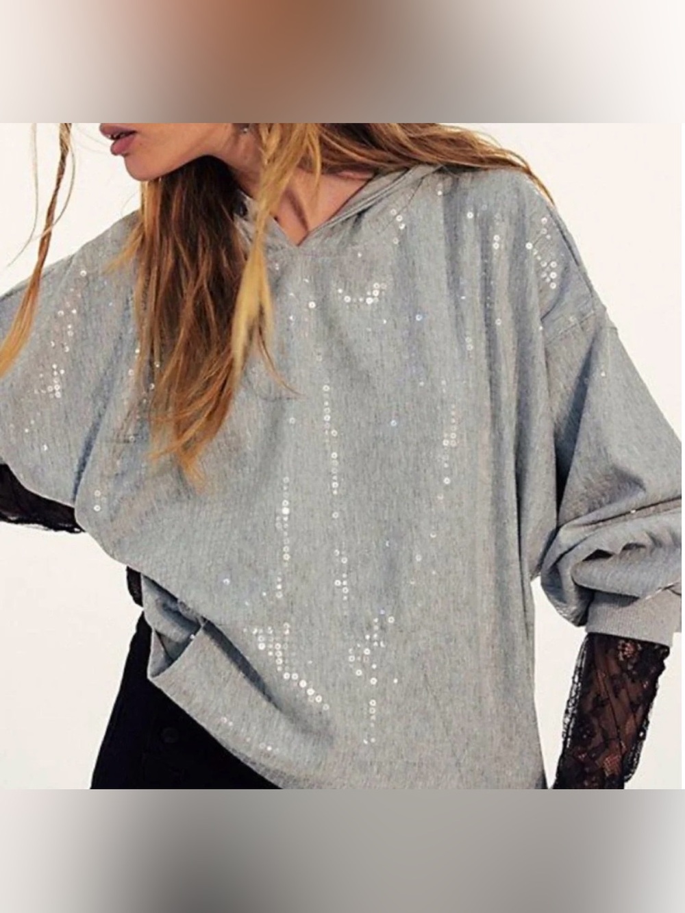 Free People It’s a Vibe Grey and Silver Sequin Hoodie size M NWT